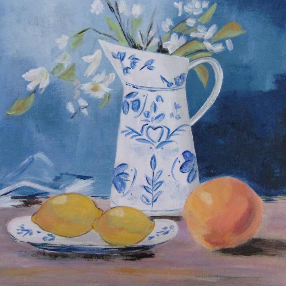 Original Blue and White Floral Pitcher Kitchen Wall Art